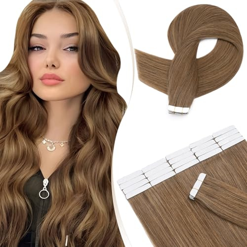 Elailite Tape in Extensions Echthaar 30cm Hellbraun 20 PCS Adhesive Klebeband Invisible Tape Extensions Echthaar Remy Glattes Haar Seidig Skin Weft Haarverlängerung (20g #6)