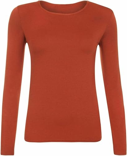 Cloth Garage® Women Ladies Long Sleeve Round Neck Plain Top Stretchy Casual Summer T-Shirts Basic Slim fit Tee Tops UK Plus Size 8-26 Rust