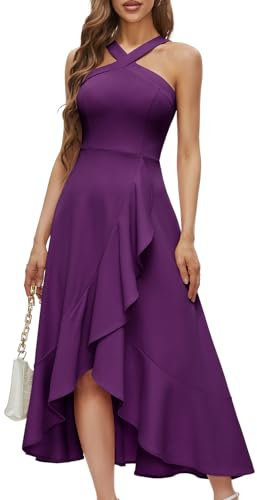 Bbonlinedress Halter Cocktail Donne Abiti Prom Formale Matrimonio Damigella D'Onore Abito Increspato Maxi Hi-Lo Sera Party 2025 Vestito, Uva, 3XL