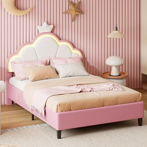 BursDany Lit Enfant Rembourré 140x200 cm avec LED pour Fille Adolescent, avec tête de lit réglable et sommier à Lattes, Design Couronne de Princesse en Velours Rose (sans Matelas)