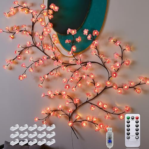 Kistrba LED Cherry Blossom Tree Branch Lights with Remote Control, 8 Modes, for Wall Decor Bedroom Decorations (96 Lights, 1.8m)