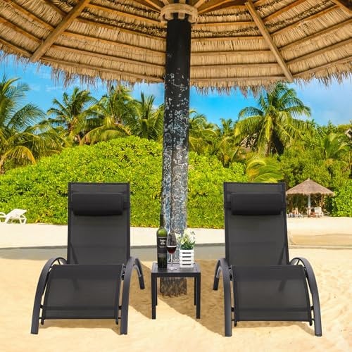 LIFERUN Set di 2 lettini prendisole in alluminio, Lettino da Giardino, con Tavolo e Cuscino Poggiatesta, Resistenti alle intemperie, Schienale regolabile in 5 posizioni, Adatto per giardini, piscine