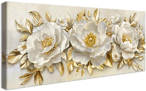 Marco de Madera Grandes Cuadros Decoracion Salon Modernos Lujosas Peonias Blancas con Hojas Doradas Lienzo Decorativos Flores en Flor Beige Pintura Imagen Cuadros Decorativos Salon Dormitorio 50x120cm