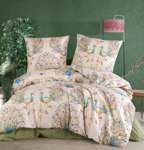 nordqueen Renforce Bettwäsche,135x200 cm 100% Baumwolle Bettbezug aus Atmungsaktive, Angenehme Schlafkomfort,Winter Bettwäsche-Set mit Kissenbezug Bettbezug mit Reißverschlus (Pavone, 135X200 cm)