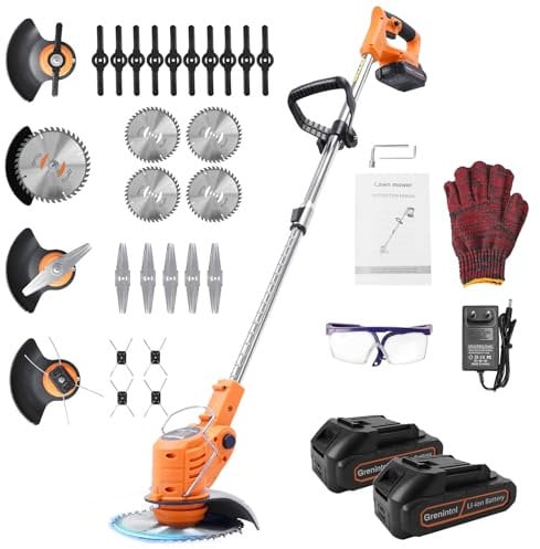 Decespugliatore a batteria,Tagliaerba a Batteria, Decespugliatore Elettrico, Tagliabordi a Batteria con 2 batterie, 4 Tipi Lame,Testata Regolabile e Maniglia Telescopica Tagliaerba per Giardino