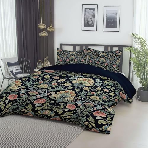 Bettwäsche 155x220 cm Vintage Blumen & Blätter Muster, Dunkelblaues Bettbezug-Set aus weicher Mikrofaser, 3-teilig mit Reißverschluss und 2 Kissenbezügen 80x80 cm