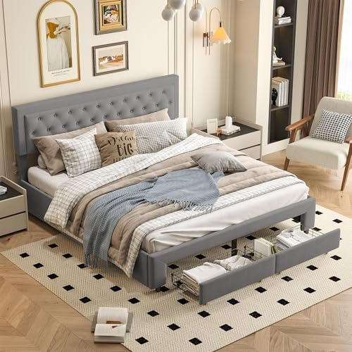 YLSZHY Samt-Polsterbett, hochklappbarer Bettgestell, geknöpfter Doppelbettrahmen mit 2 Schubladen, Queen-Size-Bett mit Kopfteil-Lamellen, keine Matratze (Grau-B 160 x 200 cm)