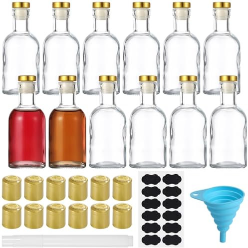 12 botellas de vidrio transparente con tapones en T y tapas termorretráctiles, recipientes de bebidas de 3 onzas, botellas de vidrio herméticas para licor, vino, cerveza y más