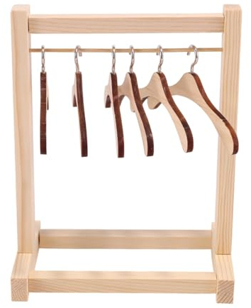 Lyreh Puppenkleiderständer mit Kleiderbügeln, Mini Kleiderständer aus Holz mit 6 Kleiderbügeln für 17-cm-Puppen Mini-Kleiderschrankmöbelzubehör für Puppenhausbedarf(Holzfarbe)