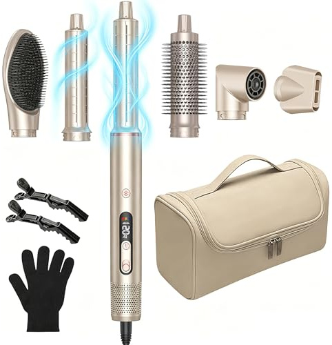 Hairstyler Pro UKLISS Haartrockner 6 IN 1, 1400w Ionen Professioneller Haarstyler, Kälteluftknopf,LCD Temperaturanzeige,32mm Air Lockenstab, zum Trocknen, Locken, Glätten der Haare