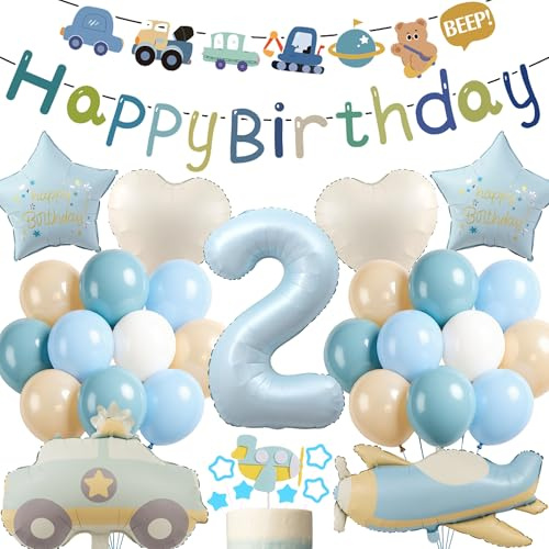 Tasoraor Deko 2. Geburtstag Junge Blau - Happy Birthday Banner Girlande und XXL Auto Flugzeug Luftballon, Zahl und Stern Herzform Folienballon Tortendeko für Kinder Geburtstagsdeko 2 Jahr Jungen