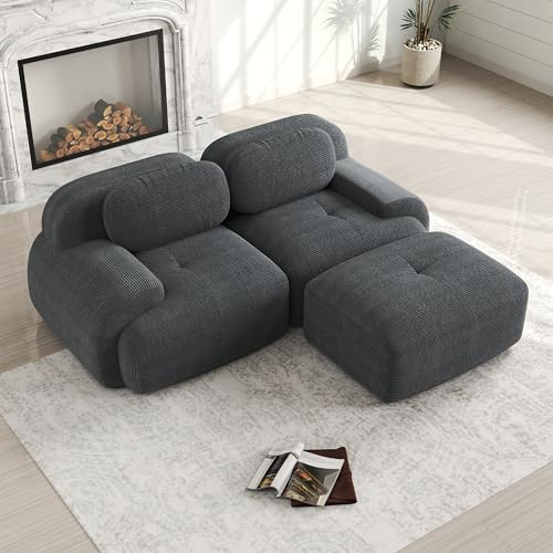 Modulares 2 Sitzer Sofa aus Cordstoff, Boneless Couch mit 1 Ottomane, Ohne Montage mit Rutschfester Unterseite, Compressed Sofa frei Kombinierbar für Wohnzimmer & Ruhezonen, Grau
