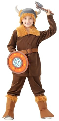 corimori Kinder Wikinger Kostüm – Vikinger Verkleidung mit Helm, Gürtel, Fellkragen, Axt & Schild – Nordmann Outfit (140/146 Körpergröße)