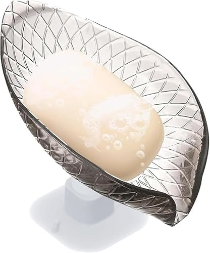 Porte-savon noir - Porte-savon transparent avec ventouse - Beau rangement de savon de douche pour lavabo, porte-savon en forme de feuille pour brosses, supports et distributeur