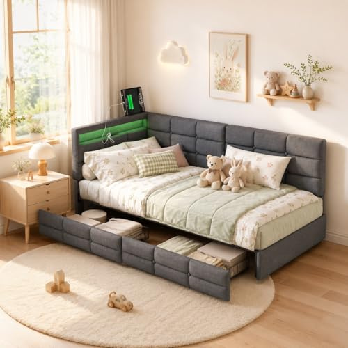 KRYZOR Kinderbett 90x200 cm mit 4 Schubladen, Einzelbett Polsterbett für 1 Kinder mit LED-Beleuchtung und USB, Jugendbett mit Stauraum, Kopfteil mit Stauraum, Flanell, Beige (Grau-e, 90x200 cm)