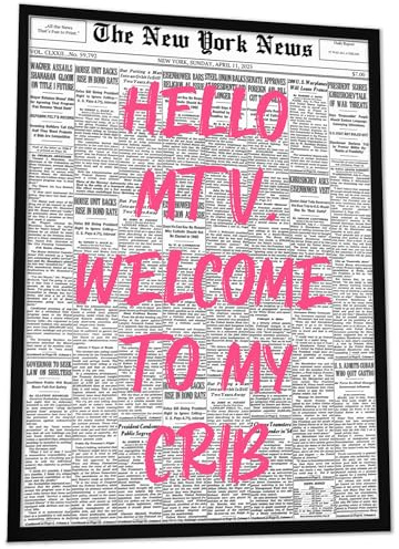 JUHMI Hello MTV Welcome To My Crib Poster Vintage Zeitung | Fashion Wandbild Pink Schwarz Weiß | Kunstdruck Newspaper Aesthetic Mode | Gerahmt oder Ungerahmt A5 A4 30x40 A3