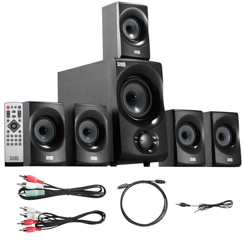 AA5172 - Audio acustico da 700 W, Bluetooth Home Theater 5.1, sistema di altoparlanti con sintonizzatore FM, USB, scheda SD, telecomando, subalimentazione (6 altoparlanti, 5.1 canali, nero con grigio)