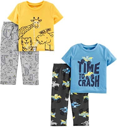 Simple Joys by Carter's Boys' 4-Piece Pajama Set (Short Sleeve Poly Top & Fleece Bottom), Forest Animals/Monster Trucks/Text Print, 4 Years