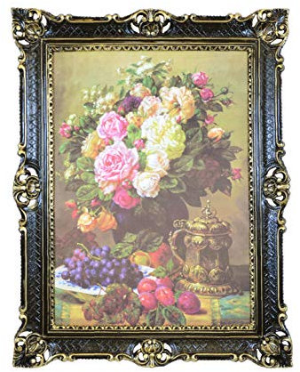 Idea Casa Quadro Natura Morta Fiamminga Stampa su Carta Telata Cornice Barocco cm 86x56 (Nero e Oro)