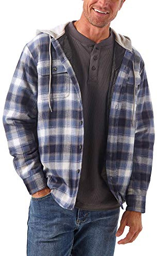 Long Sleeve Quilted Lined Flannel Shirt Jacket With Hood, Vintage Night, X-Large