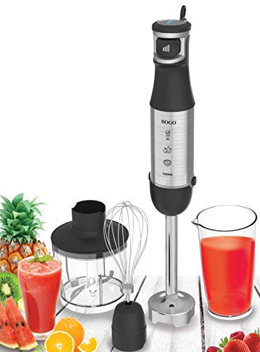 SOGO SS-14460 Set Batidora de Mano Potente, 1000W, 500ml, Cuchillas de Titanio, medidor 600ml, 6 Velocidad Variables, Acero INOX, Negro, Kit Vaso, Picadora, Varilla de Montar