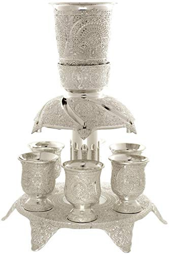Silver Kiddush Wine Fountain with 6 Cups, Filigree Finish, 23.5 Centimetres