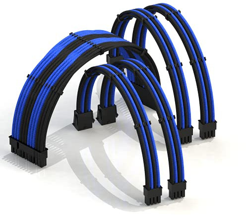 LINKUP - 30cm Superweiche und Flexible Netzteilkabel mit Verlängerungshülsen Custom Mod GPU PC Geflochten mit Kamm-Kit | 1x 24 P (20+4) | 2x 8 P (4+4) CPU | 2x 8 P (6+2) GPU set | 300mm - Blau Schwarz