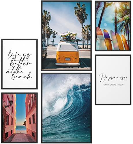 Papierschmiede® Mood Poster Set Surfing, Gerahmte Bilder (Rahmen: Material und Farbe wählbar), Wohnzimmer Deko Schlafzimmer, 2x DIN A3 und 4x DIN A4, Strand Beach Surfbrett Palmen