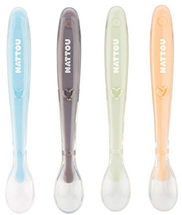 Nattou Cuillères en Silicone Pour Enfants, 4 Pièces, Longueur : 16 cm chacune, Avec Boîte de Transport Pour 1 Cuillère, Sans BPA, Silicone, Multicolore