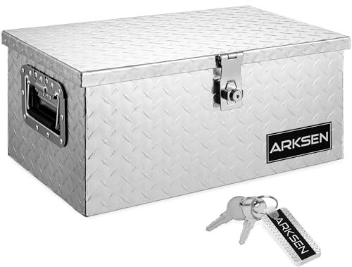 ARKSEN 20 Aluminum Diamond Plate Tool Box Chest Box Pick Up Truck Bed RV Trailer Toolbox Storage With Side Handle And Lock Keys, Silver