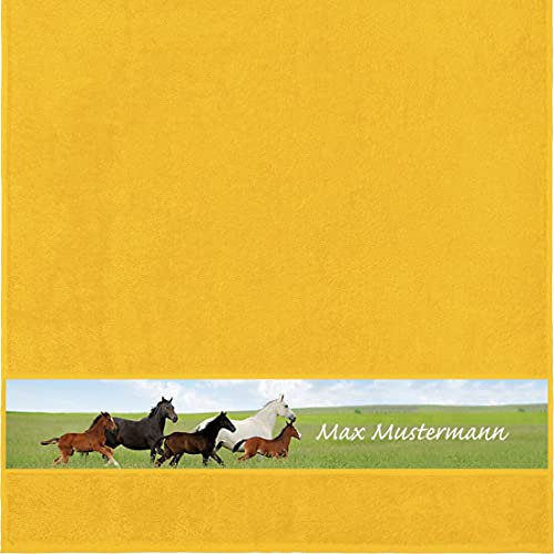 Manutextur Duschtuch mit Namen - personalisiert - Motiv Pferd 2 - viele Farben & Tiermotiven - Dusch-Handtuch - gelb - Größe 70x140 cm - persönliches Geschenk mit Wunsch-Motiv und Wunsch-Name
