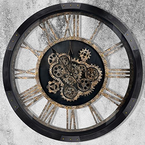 DORBOKER 68CM Wanduhr Große mit Beweglichen Zahnrädern, Retro Metall, Gehärtete HD-Glasabdeckung, XXL Wanduhr Holz Steampunk Industriell Vintage Wanduhr für Küche Wohnzimmer (Schwarz)