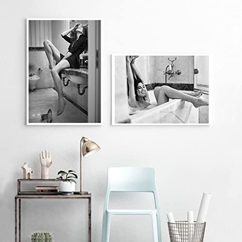 Mode Frau in Badewanne Gemäldedruck Schwarz Weiß Leinwand Bild Poster Kunstdrucke Vintage Badezimmer Wandbilder für Raumdekor Rahmenlos 60×80cm×2pcs