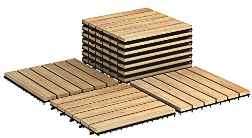 GIANTEX Lot de 10 Dalles de Terrasse en Bois d'acacia - 30 x 30 cm, Système de clic, Dalles de sol, Dalles de balcon, Découpables, Résistant aux intempéries, Pour l'extérieur, Naturel (motif droit)