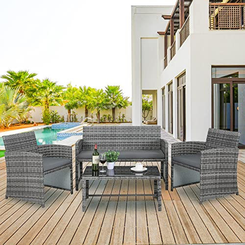 LIFERUN Juego de muebles de balcón de 3 piezas, polirratán, conjunto de salón de jardín, sofá doble, 2 sillones y mesa de cristal templado, para terraza, piscina