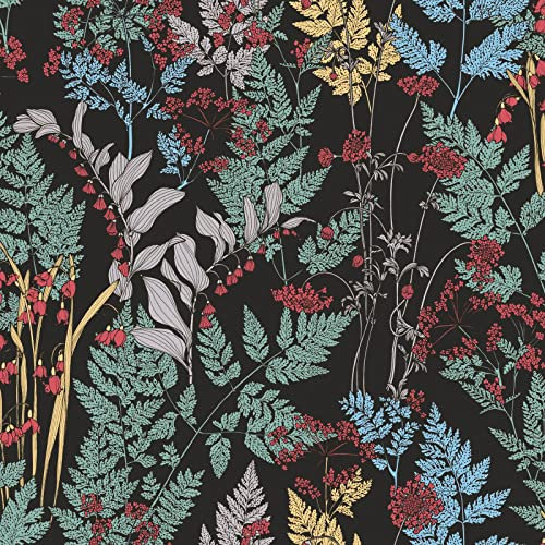 Papier peint fleuri multicolore | Tapisserie fleurie élégante avec fond noir pour chambre adulte | Papier peint salon motif floral & feuille
