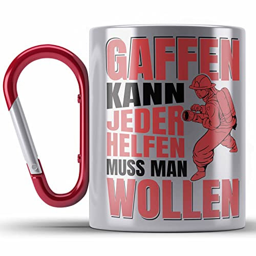 Trendation - Feuerwehr Edelstahl Tasse Karabiner Geschenke Zubehör Lustig Einsatz Geburtstag Spruch Helfen Muss Man Wollen (Rot)