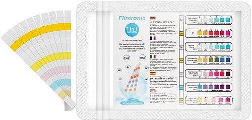 Flintronic 100 Bandelettes Spa et Piscine 7 en 1, Bandelettes Spa et Piscine, Bandelette ph piscine Bandes Test Qualité d'eau pour Test Brome, pH, Dureté, Chlore, Chlore Libre (100PC)