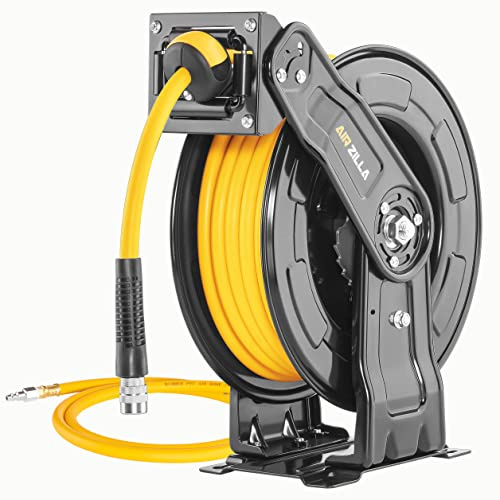 AIRZILLA Premium Steel Retractable Air Hose Reel With Dual Arm, 3/8x65Ft Hybrid Polymer Hose, Heavy Duty Air Hose Reel included Auto Rewind Reel | Quick Air Coupler | Durable Double side Frame
