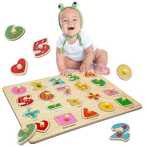 Govvay Wooden Peg Puzzles for 1 2 3 Year Olds, Educational Learning Kids Toys for Girls Boys Gifts, Birthday, Christmas, Easter and Children's Day (Numbers)
