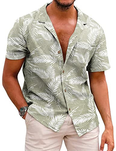 COOFANDY Hawaii Hemd Männer Leinenhemd Baumwolle Hawaii Kurzarmhemd Freizeit Sommer Button Down Hemden for Herren Grün 3XL