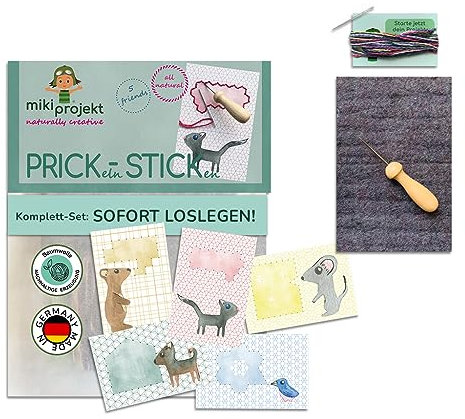 mikiprojekt® 2in1 Premium Prickelnadel Set Kinder inkl. Stickbilder, Wollfilz - ohne Plastik, made in Germany - Sicheres Prickeln & Sticken Kinder Set aus unbedenklichem Premium Material - Prickelset
