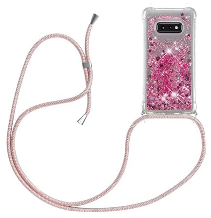 YAMCCCSE Funda Bling Glitter Liquida con Cuerda para Samsung Galaxy S10e,Transparente Cristal Suave Silicona TPU Bumper Protector Carcasa con Colgante Ajustable Cordón - Case y Correa