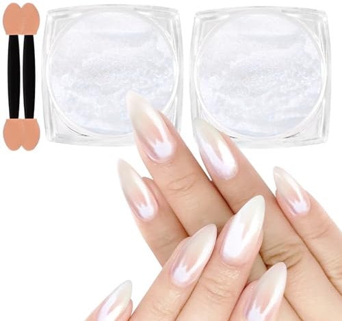 Allstarry White Pearl Chrome Nail Powder, 2pcs Iridescent Aurora Powder Metallic Mirror Effect Glitter Powder Pearlescent Ice Transparent Mermaid Pigment Dust for Gel Polish Nail Art Decoration