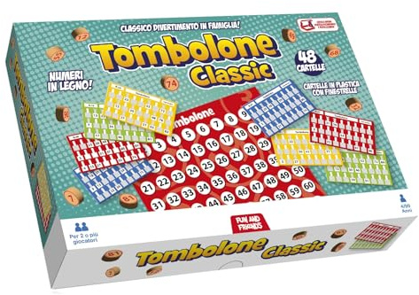 Tombola Classic 48 cartelle - Gioco tradizionale da tavolo per tutta la famiglia con tabellone, numeri in legno e 48 cartelle con finestrelle + portachiave fischietto