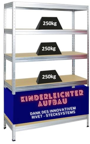 PROREGAL Schwerlastregal Rivet HxBxT 180x120x45cm Fachlast 250kg, Innovatives Stecksystem, Verzinkt, Garagenregal, Lagerregal, Steckregal, Stahl, Kellerregal