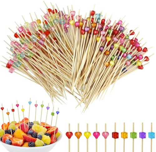 200 Stücke CocktailspießE mit Bunter Acrylperle, 12cm Spiesse für Snacks Fingerfood, ObstspießE Kinder, Cocktail Sticks Herz, für Bar Party, Obst-Spieß, Grillen Snacks, Antipasti