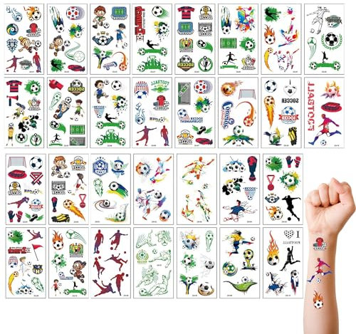 LIANCHEN 30 Blätter Tattoos zum Aufkleben Fussball Cartoon Fußball Tattoo Fußball Aufkleber Hautfreundliche Temporäre Niedliches Fußball-Tattoo Wasserfeste Dekorationen für Fußballpartys (Fußball)
