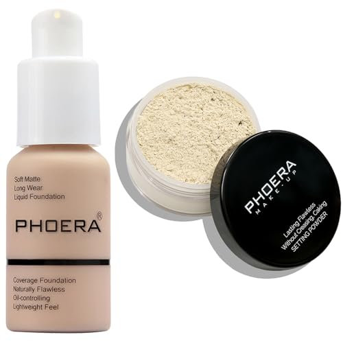PHOERA Foundation, PHOERA Gesichtspuder, Soft Focus Setting Puder, PHOERA Foundation Make-up für Frauen, PHOERA Full Coverage Foundation (102 Nude+N.01 Translucent)