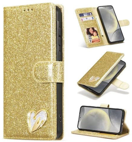 SEHEYA für Samsung Galaxy S24 5G Klapp-Handy Hülle Gold PU Leder Glitzer Herz Diamond Design Mädchen Handyhülle Flip Brieftasche Kartenslots Schutzhülle für Galaxy S24 5G